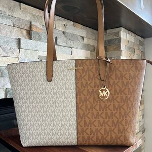 Michael Kors Jet Set Travel Tote | Two-Tone MK Signature | Vanilla & Acorn | NWT